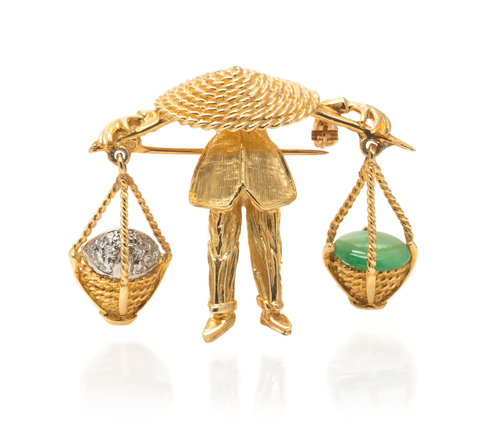 A 14 Karat Yellow Gold, Jade and Diamond Figural Brooch, 7.60 dwts.