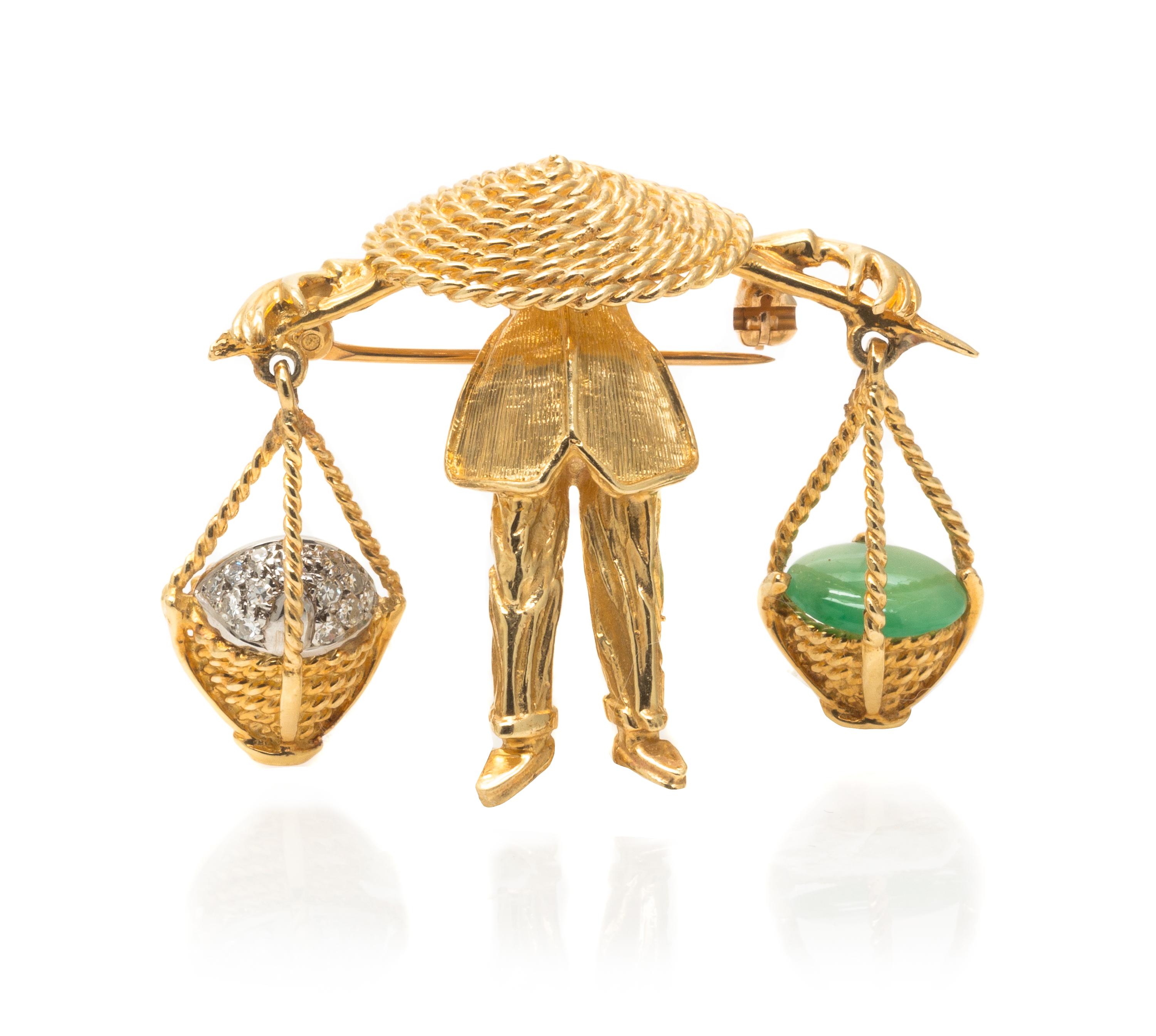 A 14 Karat Yellow Gold, Jade and Diamond Figural Brooch, 7.60 dwts.