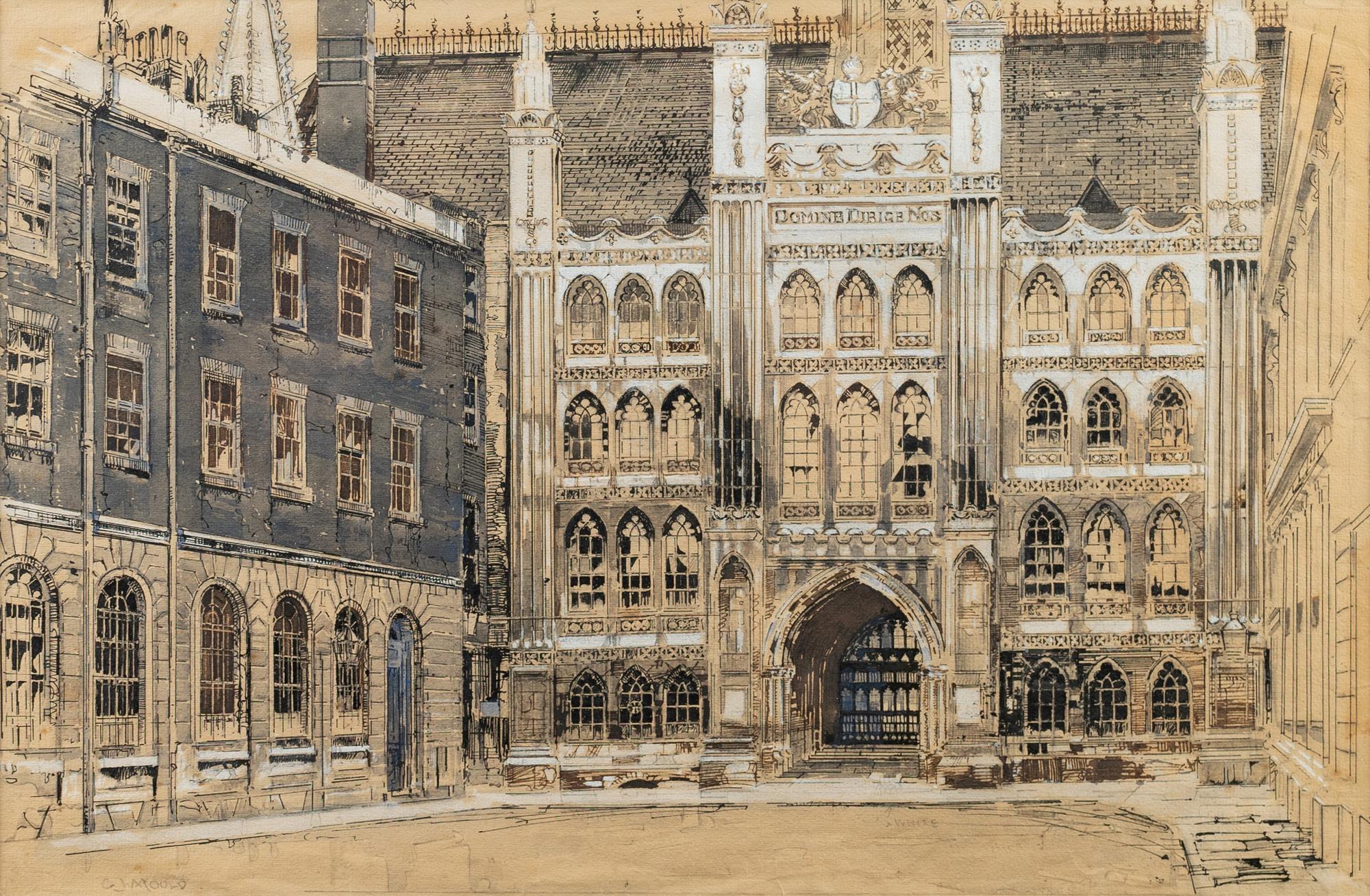 Two Ink and Gouache Illustrations of Architectural Views