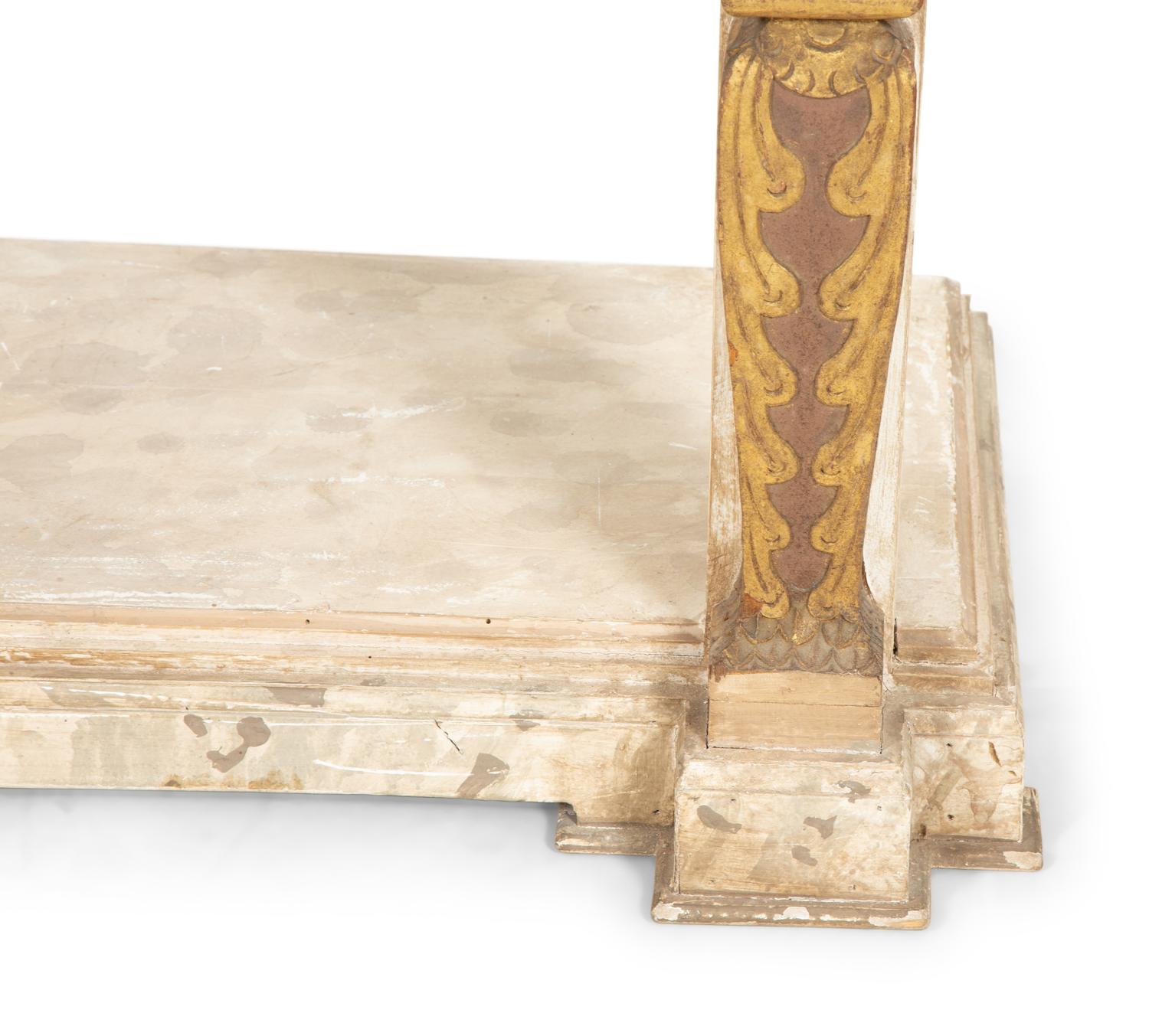 A Pair of French Neoclassical Painted and Parcel Gilt Pier Tables