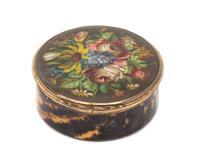 A French Gilt Metal, Faux Tortoiseshell and Painted Snuff Box Diameter 3 inches. — 19TH CENTURY