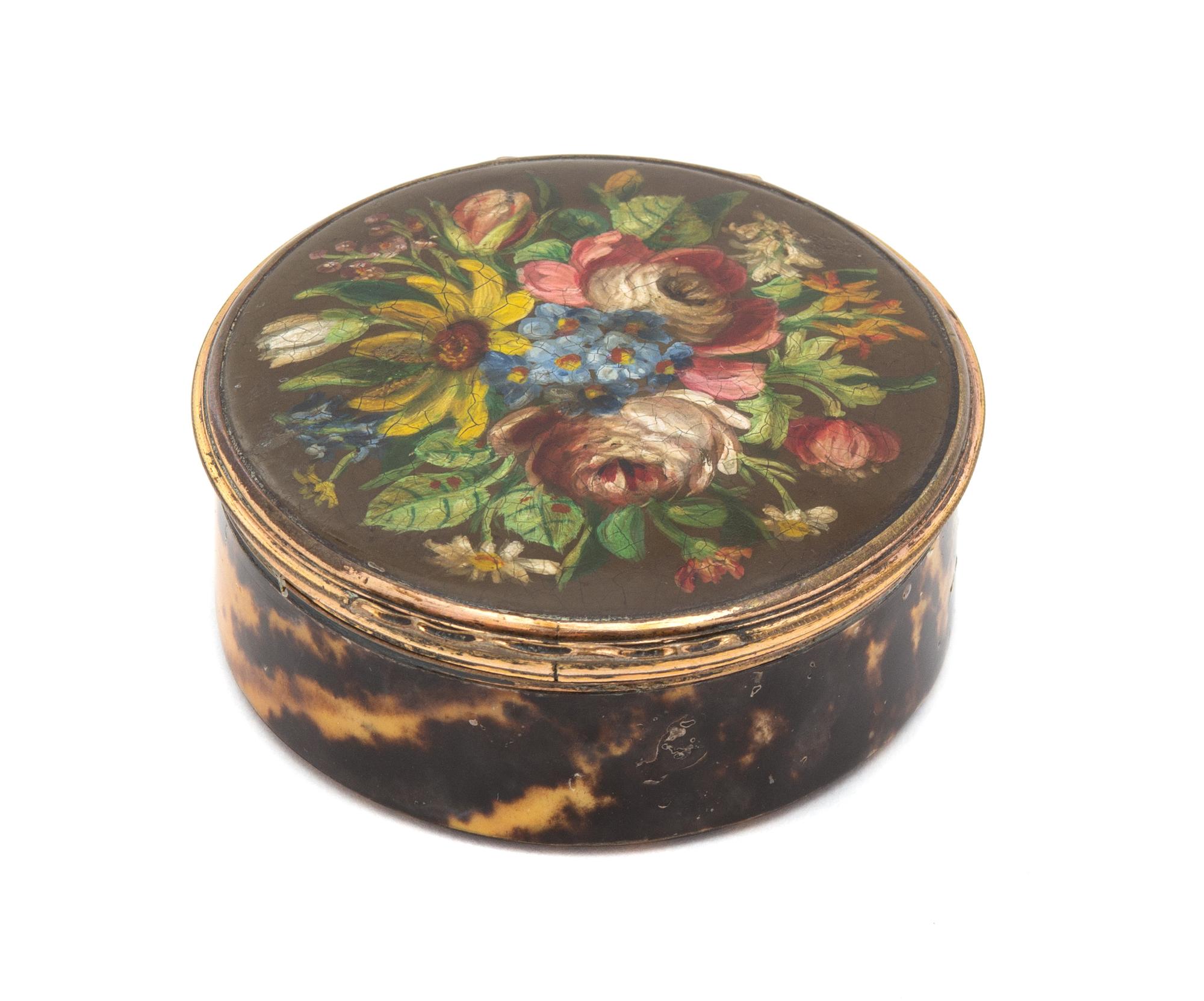 A French Gilt Metal, Faux Tortoiseshell and Painted Snuff Box Diameter 3 inches. — 19TH CENTURY