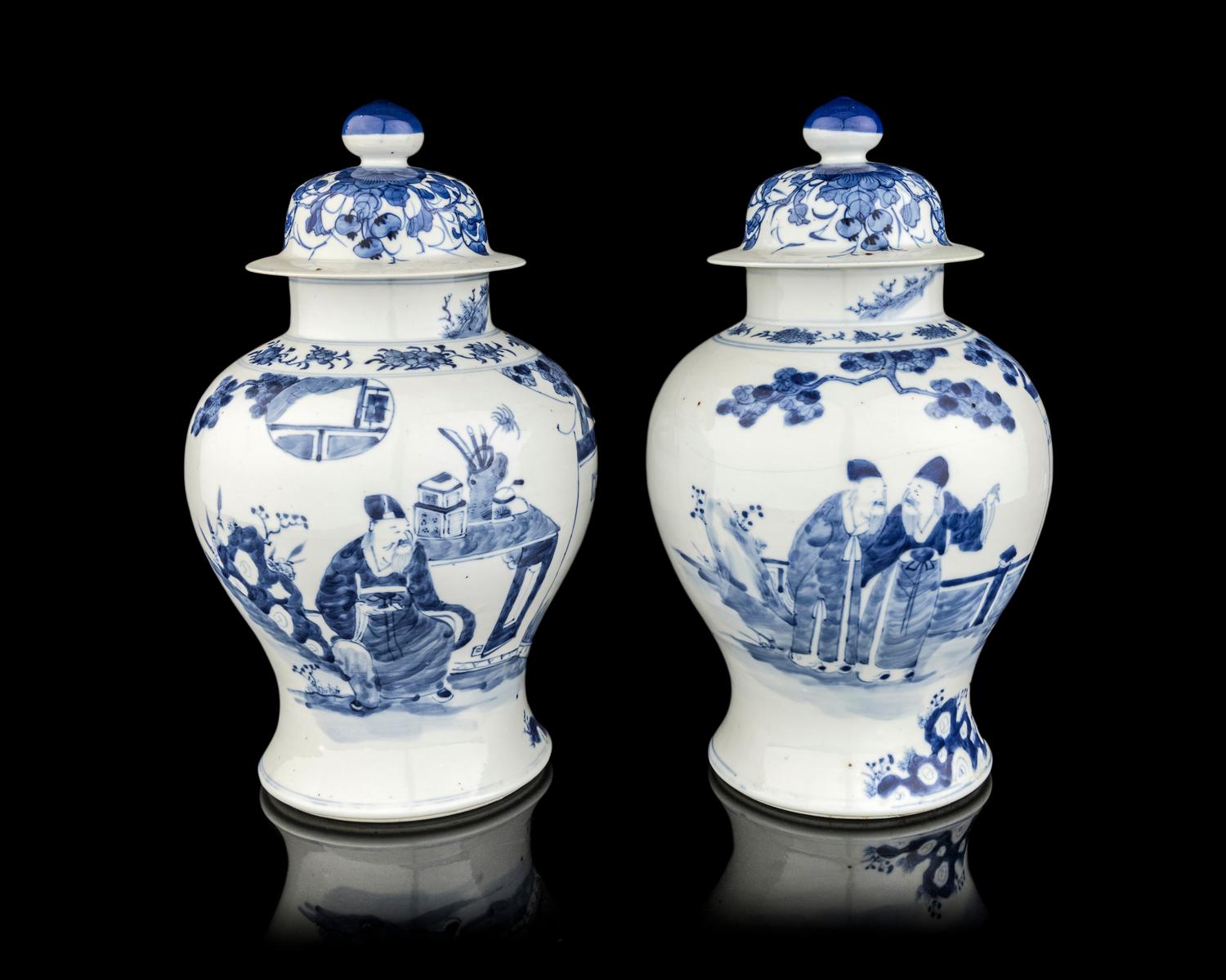 A Pair of Chinese Blue and White Porcelain Covered Jars