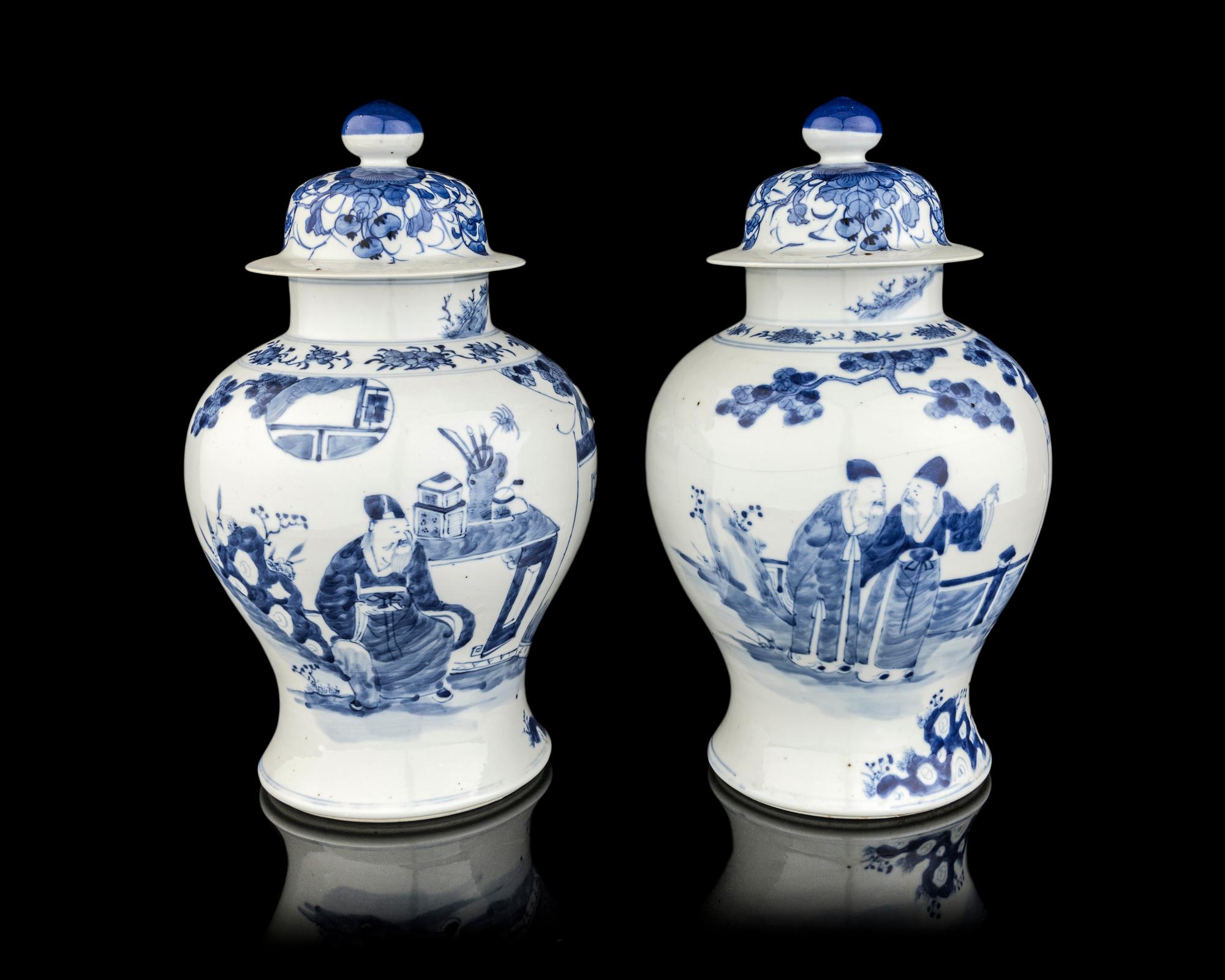 A Pair of Chinese Blue and White Porcelain Covered Jars