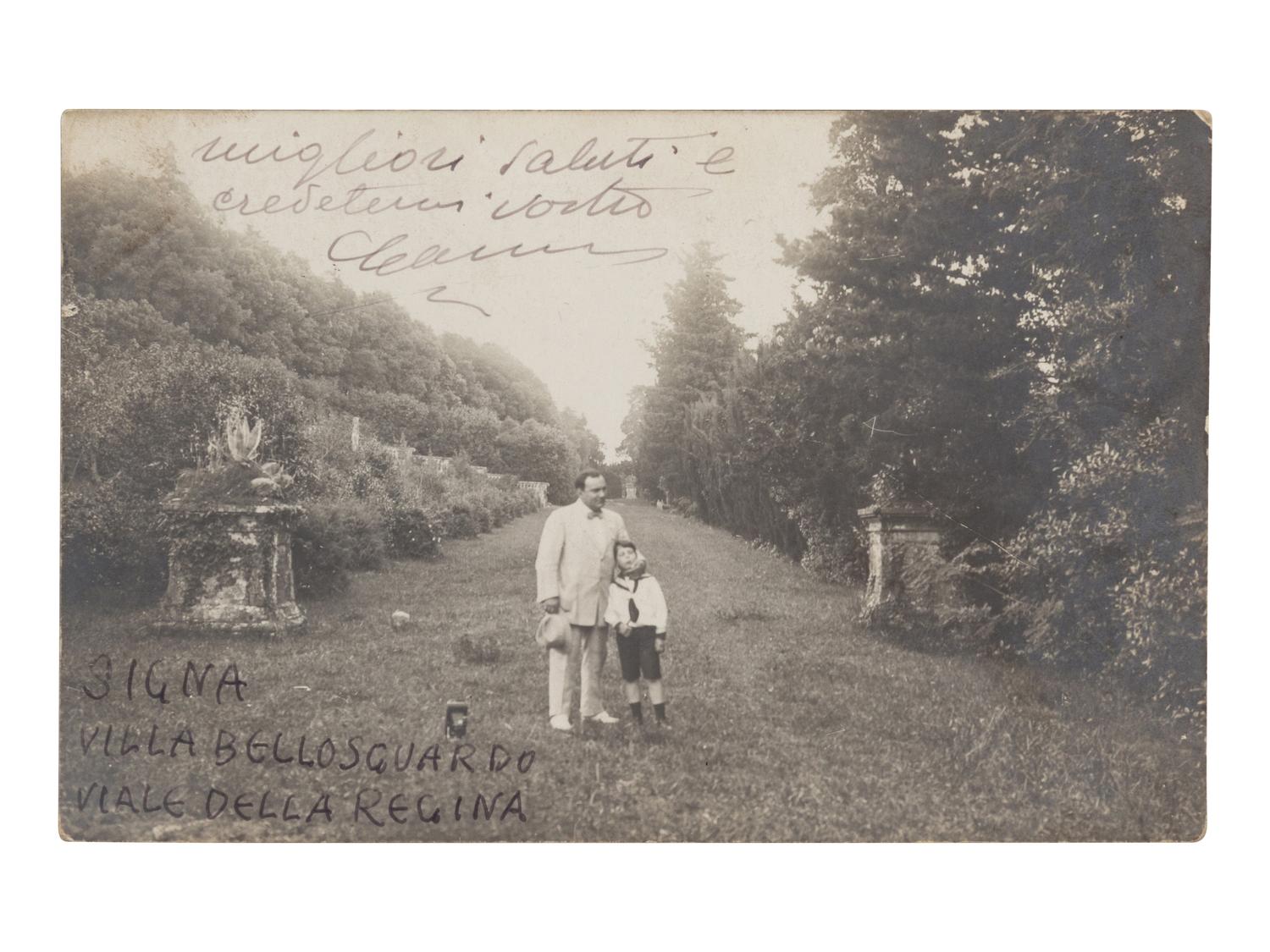 CARUSO, Enrico (1873-1921). Autograph note signed ("Caruso") on recto and verso of a black and white photographic postcard. To Signora Bice Fucito, Florence, 3 August 1913.