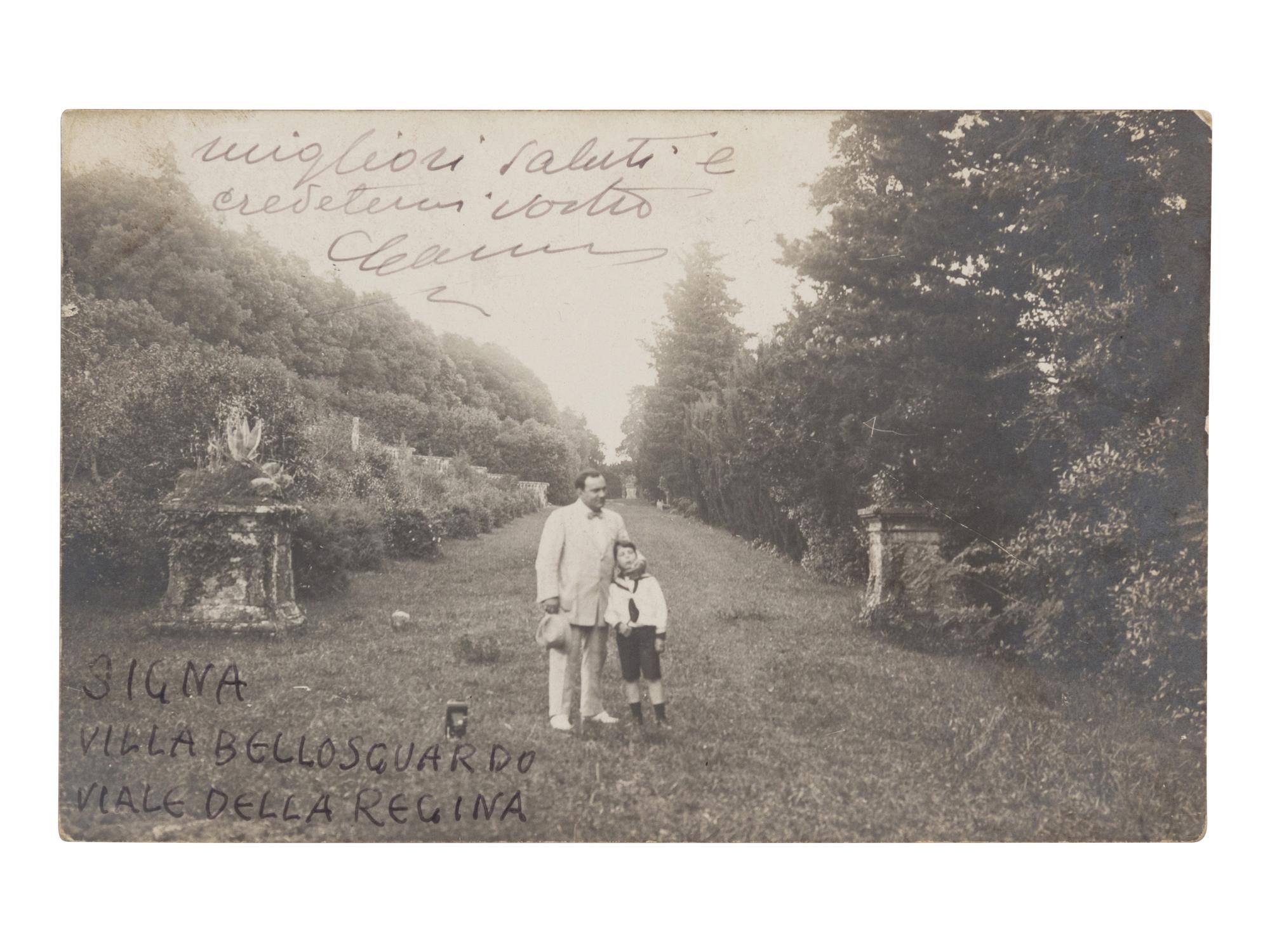 CARUSO, Enrico (1873-1921). Autograph note signed ("Caruso") on recto and verso of a black and white photographic postcard. To Signora Bice Fucito, Florence, 3 August 1913.