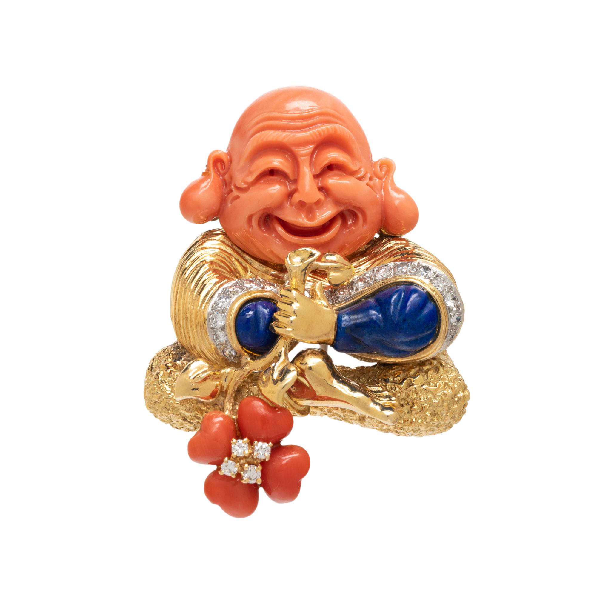 TIFFANY & CO., CORAL, LAPIS LAZULI, AND DIAMOND BUDDHA BROOCH