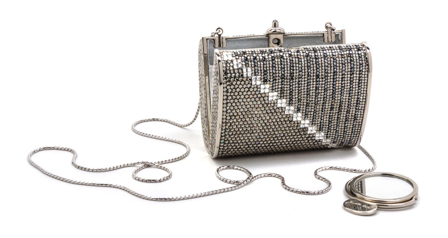 A Judith Leiber Grey Swarovski Crystal Minaudiere, 4 x 3 x 1 inches.