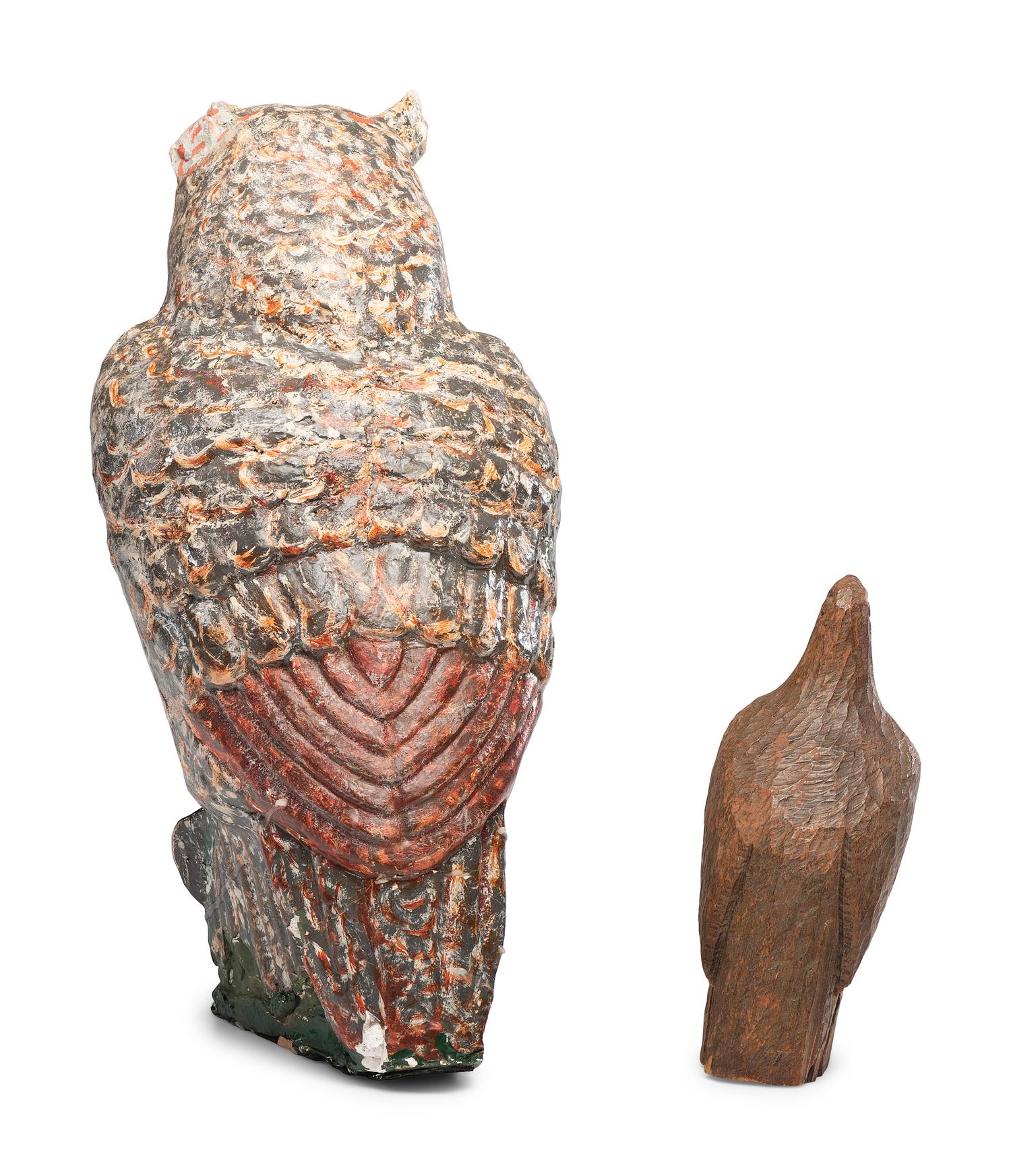 A Carved and Painted Plaster Owl and a Carved Wooden Eagle