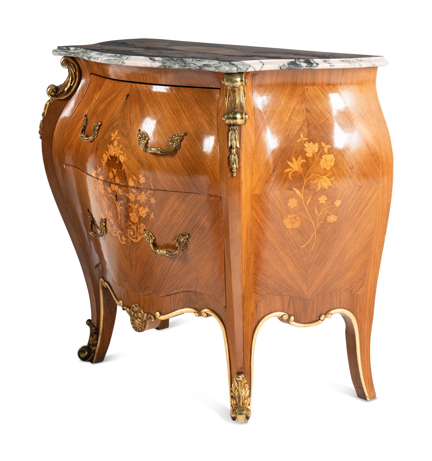 A Pair of Louis XV Style Marquetry Marble-Top Commodes