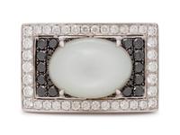 An 18 Karat White Gold, Moonstone, Black Diamond, and Diamond Ring,