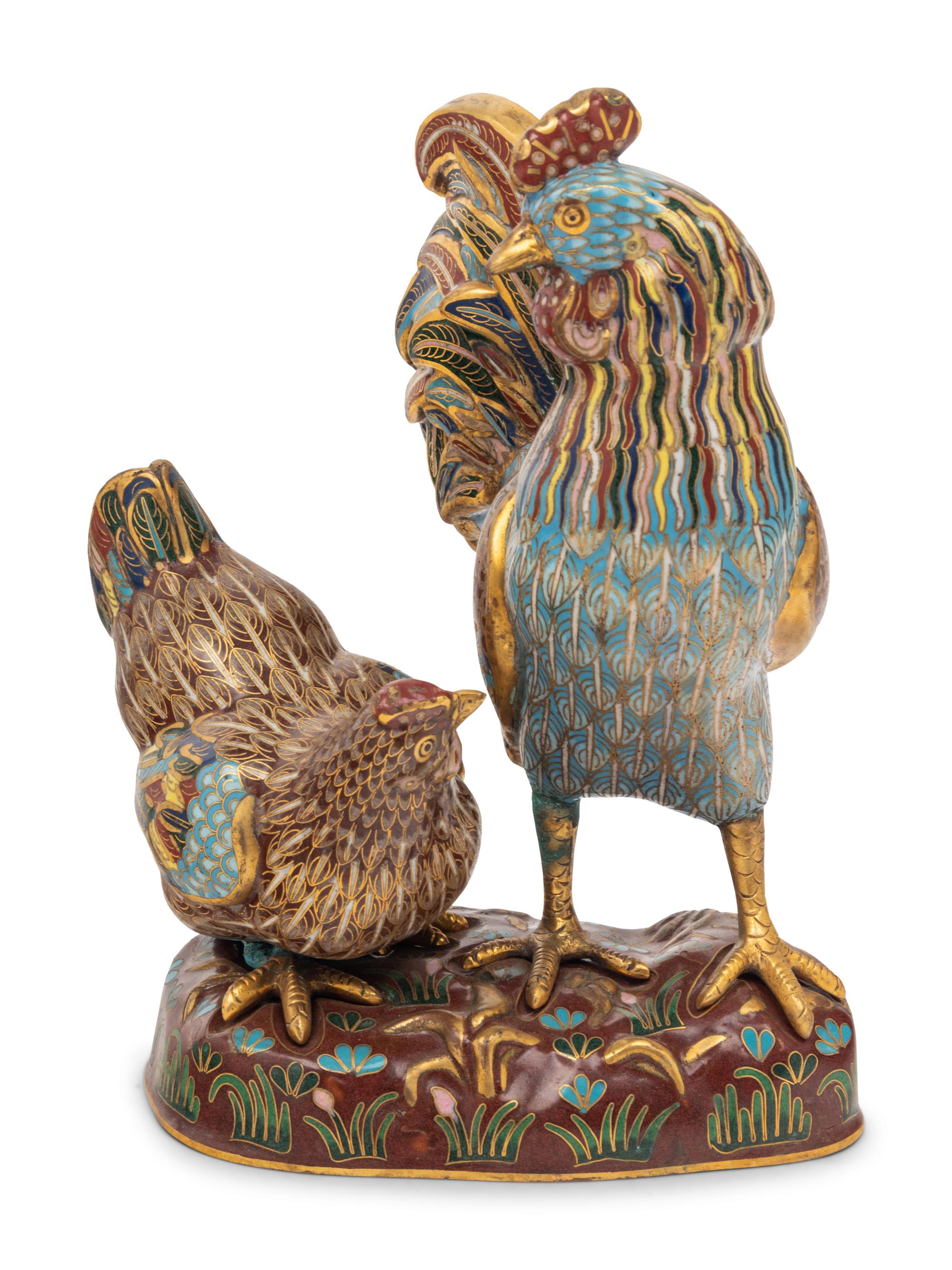A Chinese Cloisonne Enamel 'Rooster' Group