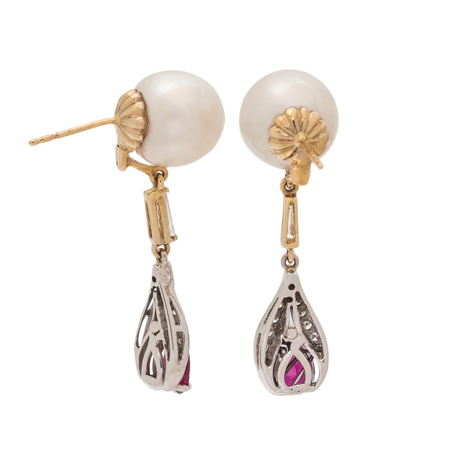 CULTURED SOUTH SEA PEARL, DIAMOND AND SYNTHETIC RUBY EARRINGS