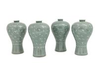 Four Korean Celadon Ground Porcelain 'Crane and Cloud' MaeByong Vases