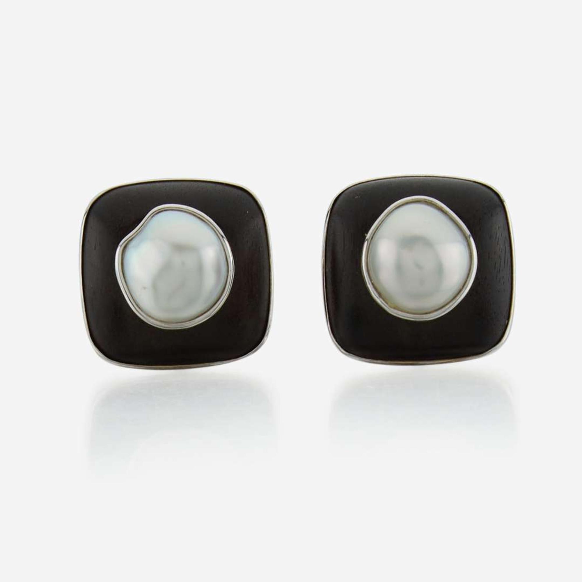 A white gold, ebony, diamond, and pearl necklace with matching earrings Trianon by Seaman Schepps