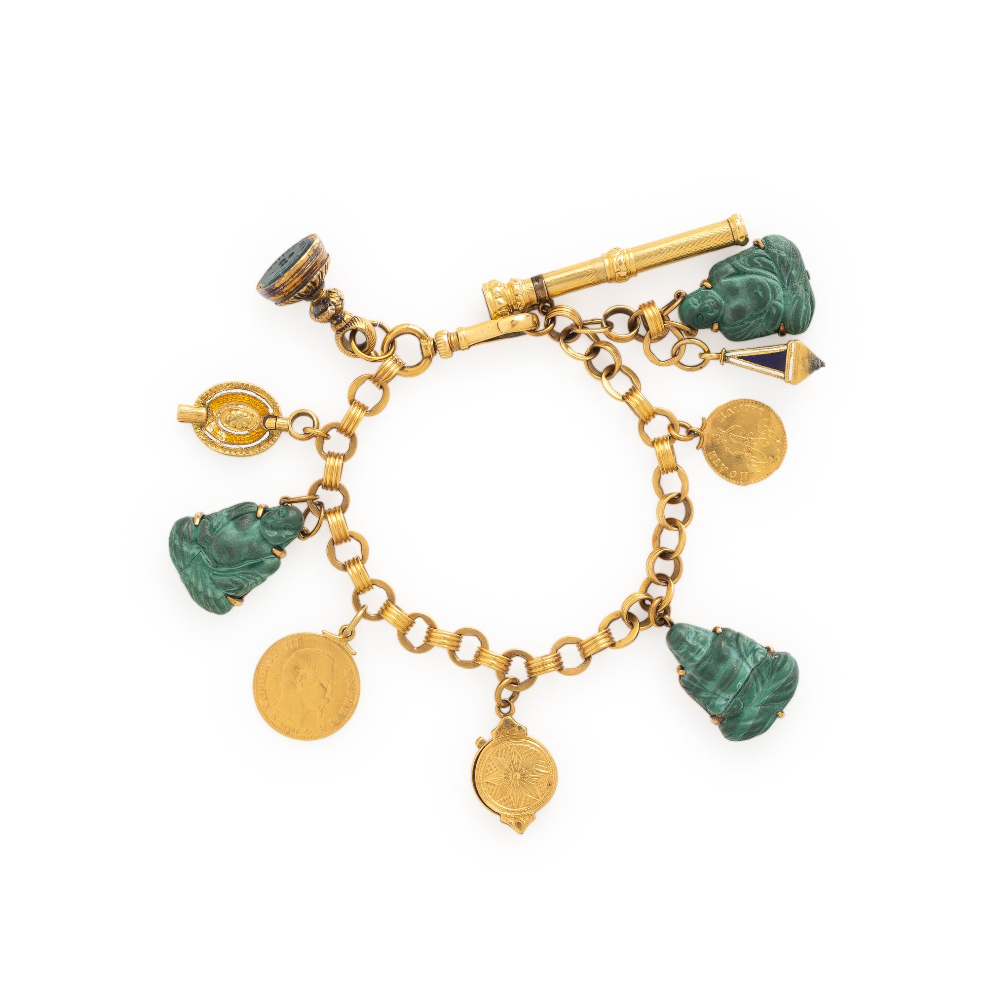 YELLOW GOLD, MULTIGEM, AND ENAMEL CHARM BRACELET