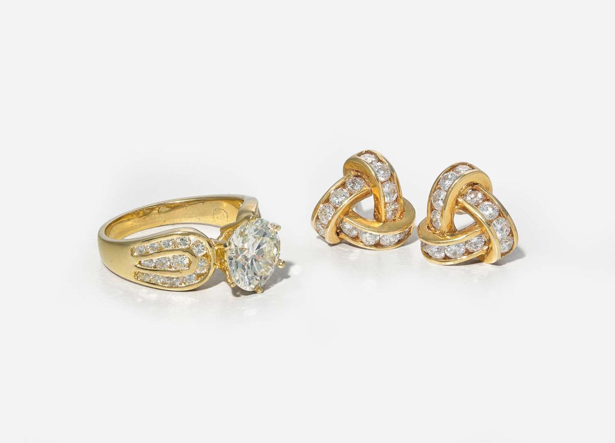 A Set of Matching 18K Yellow Gold and Diamond Earrings and Ring, 2.04 Carat Round Brilliant-Cut Diamond, GIA Certified