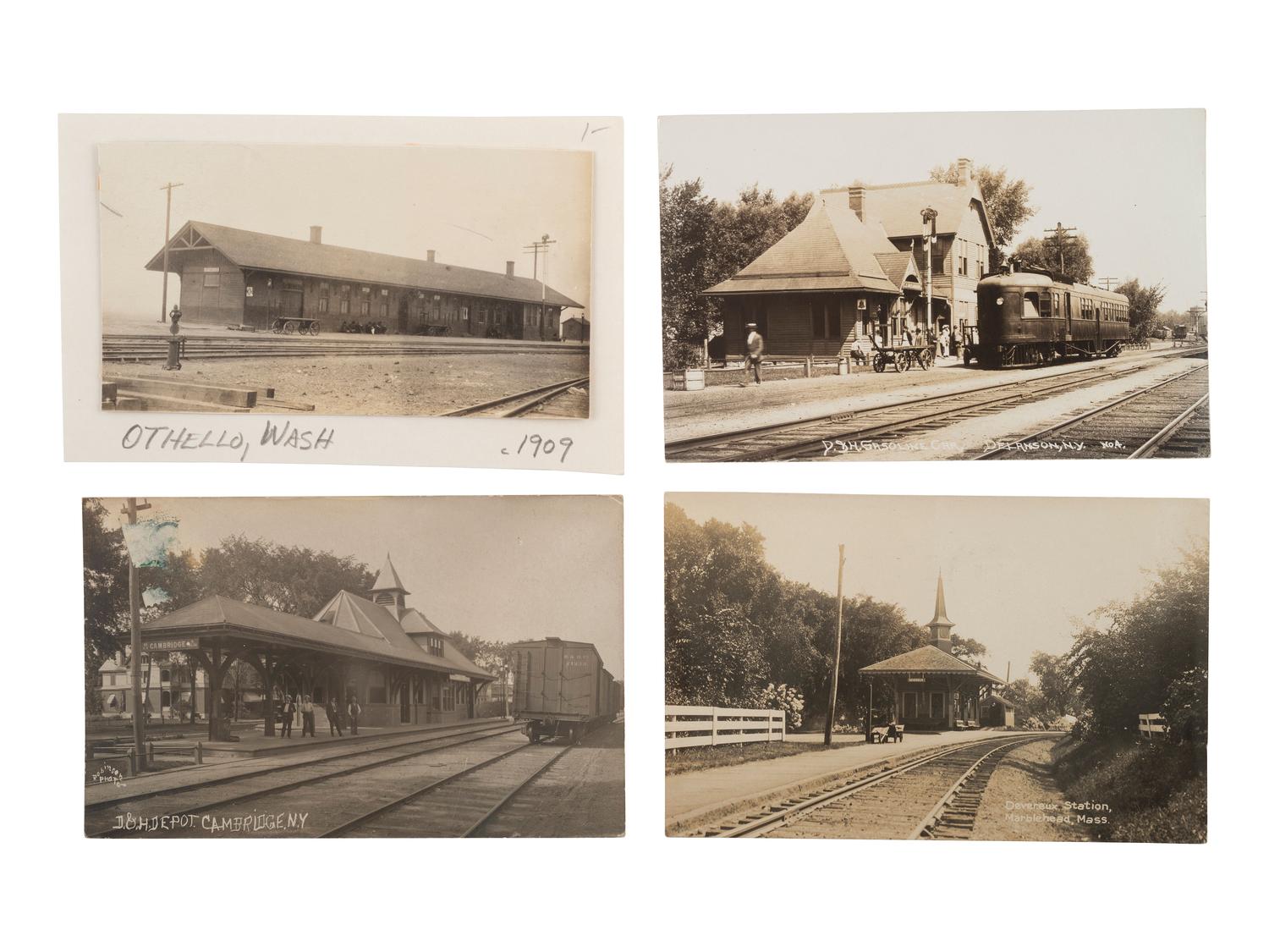 [RAILROADS]. Over 120 RPPCs & photographs of railroad stations, train depots, and roundhouses.