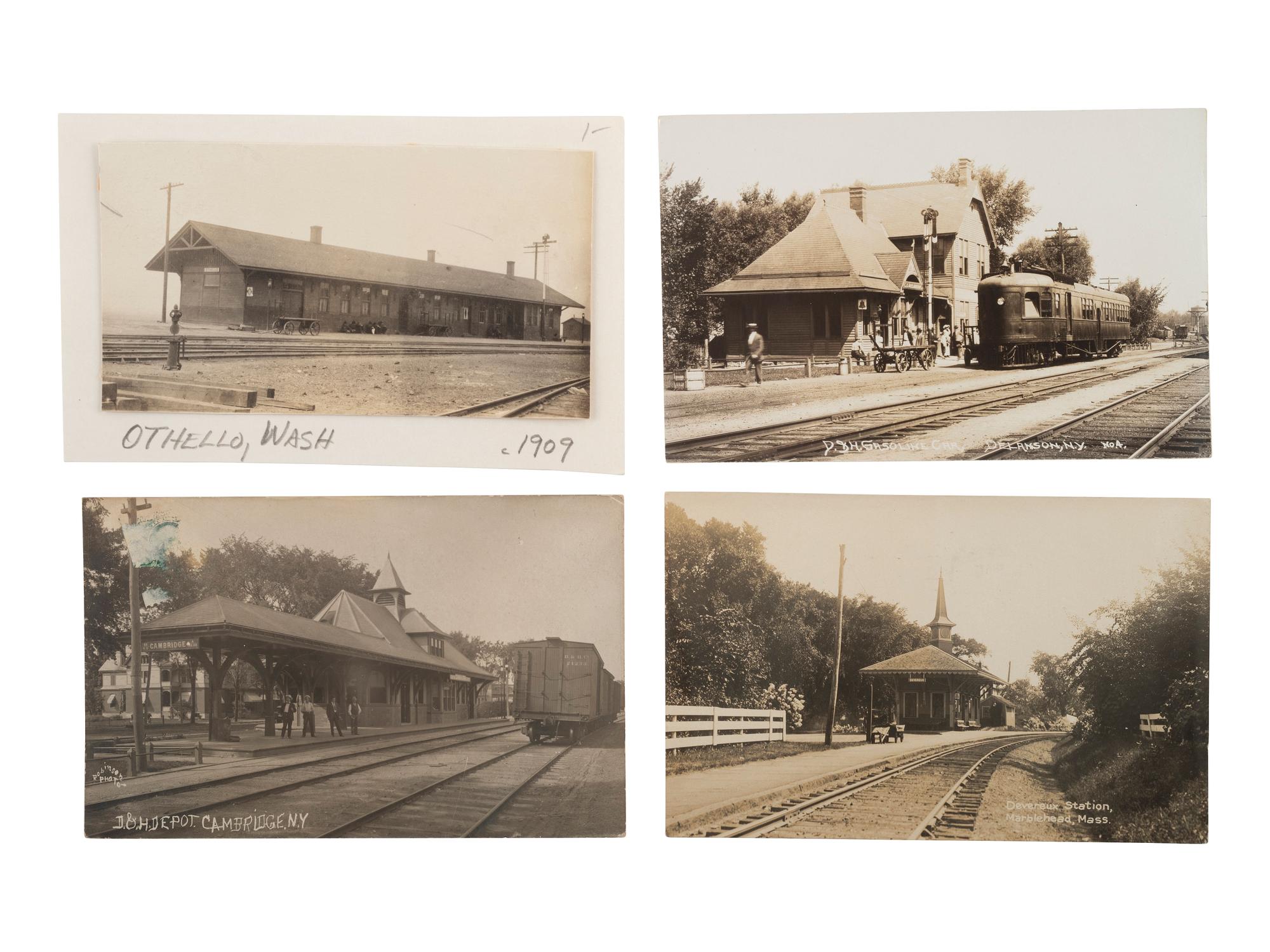 [RAILROADS]. Over 120 RPPCs & photographs of railroad stations, train depots, and roundhouses.