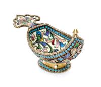 A Russian Enameled Silver-Gilt Kovsh, Maker's mark HC, having a shaped handle, the interior worked with polychrome flowers and scrolls