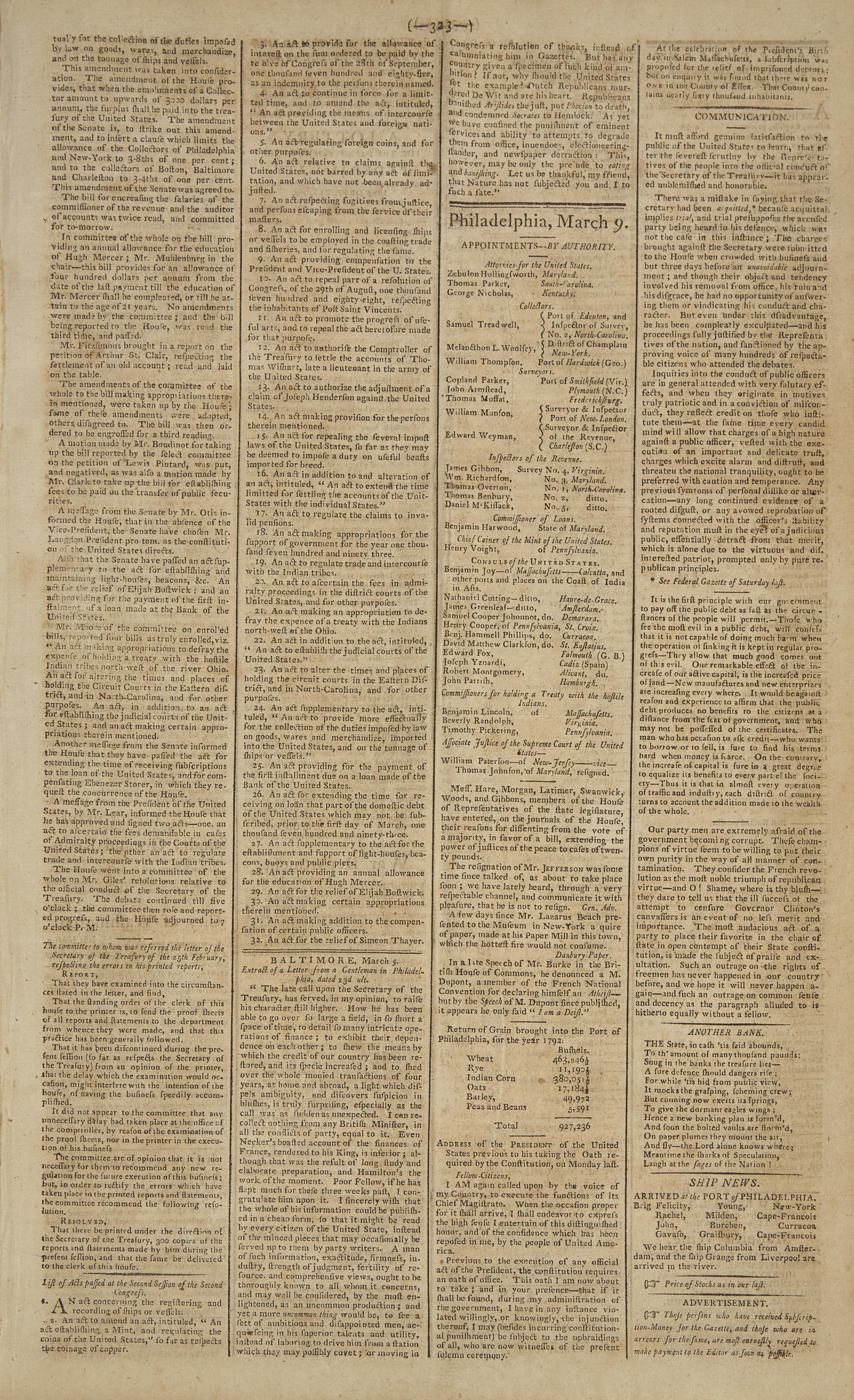 [Washington, George] President Washington's Second Inaugural Address, in the Gazette of the United States