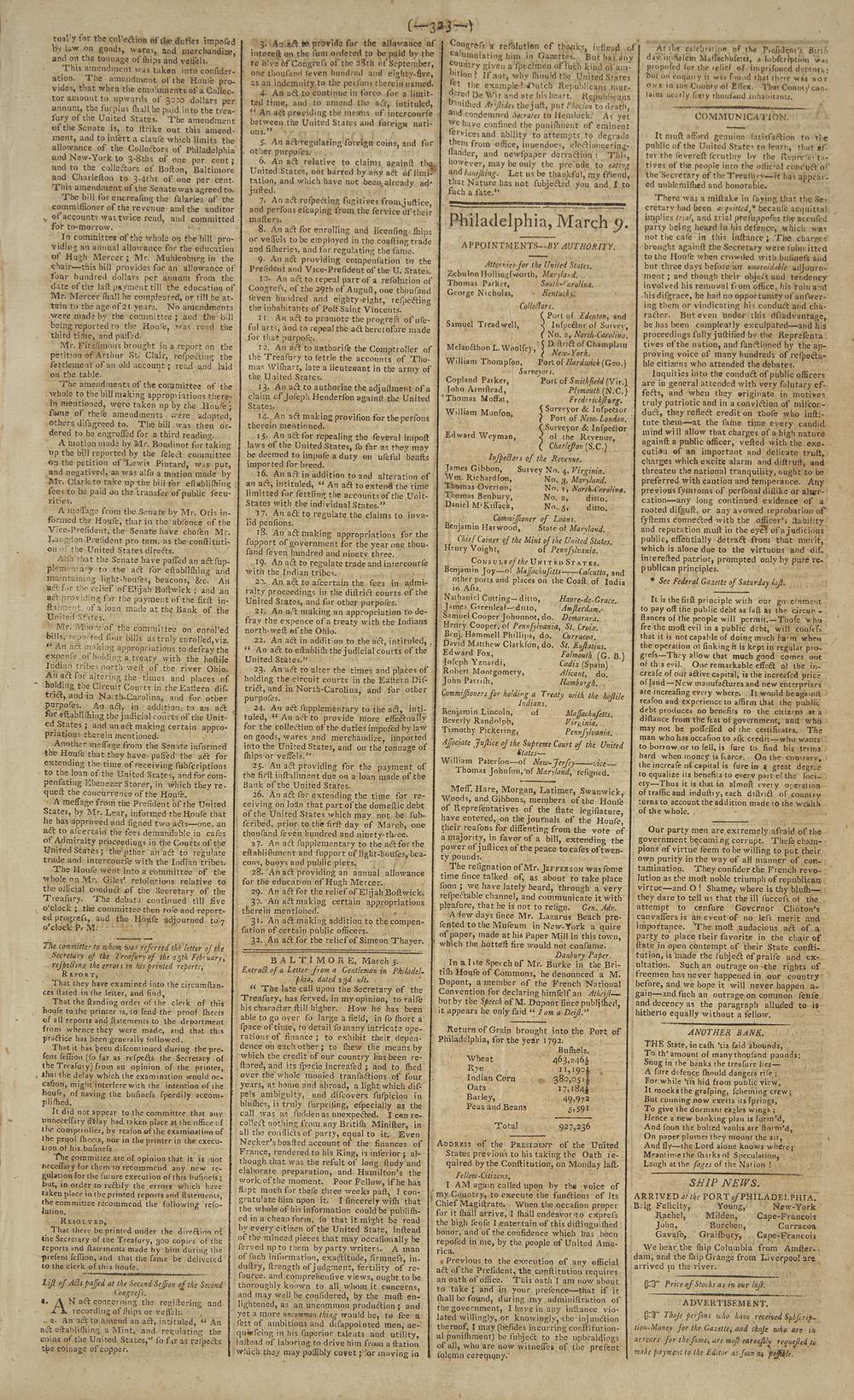[Washington, George] President Washington's Second Inaugural Address, in the Gazette of the United States
