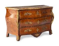 A Régence Gilt Bronze Mounted Parquetry Marble-Top Commode en Tombeau