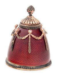 A Russian Silver, Diamond and Guilloché Enamel Perfume Bottle Attributed to Fabergé