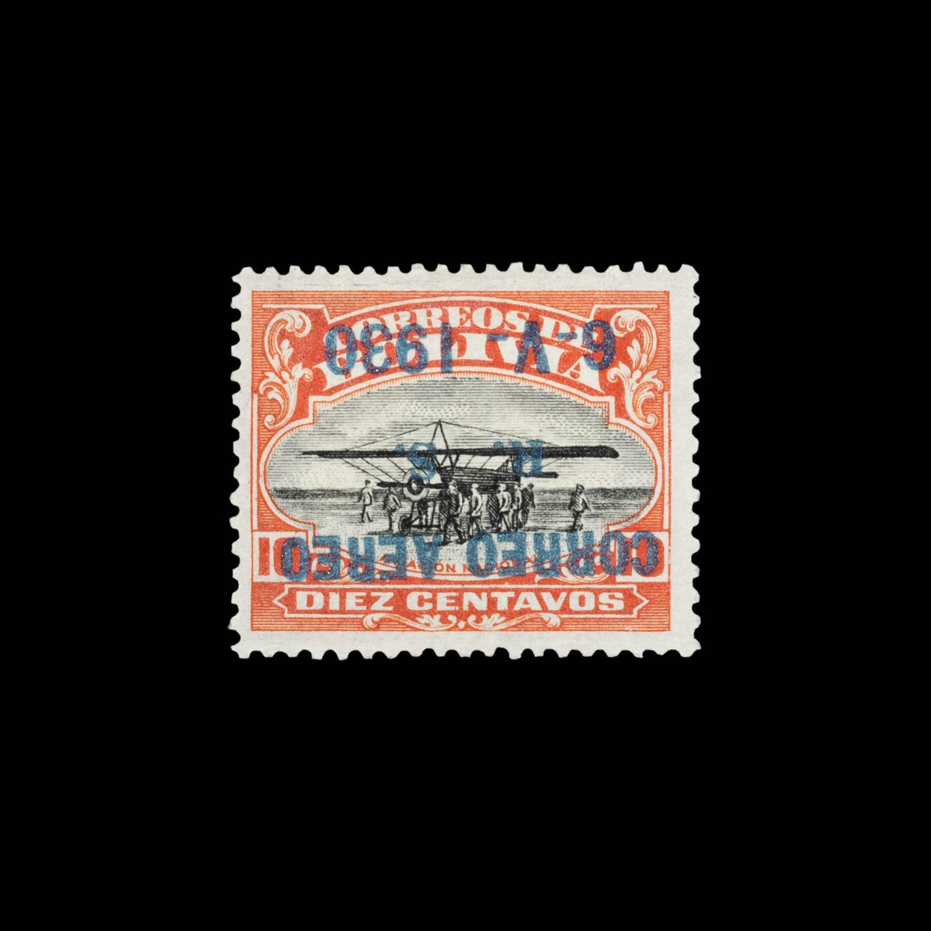 [SURCHARGE ERROR] BOLIVIA. Airmail. 1930. 10c. Vermillion and Black with Blue Surcharge (#C20a), Inverted Surcharge