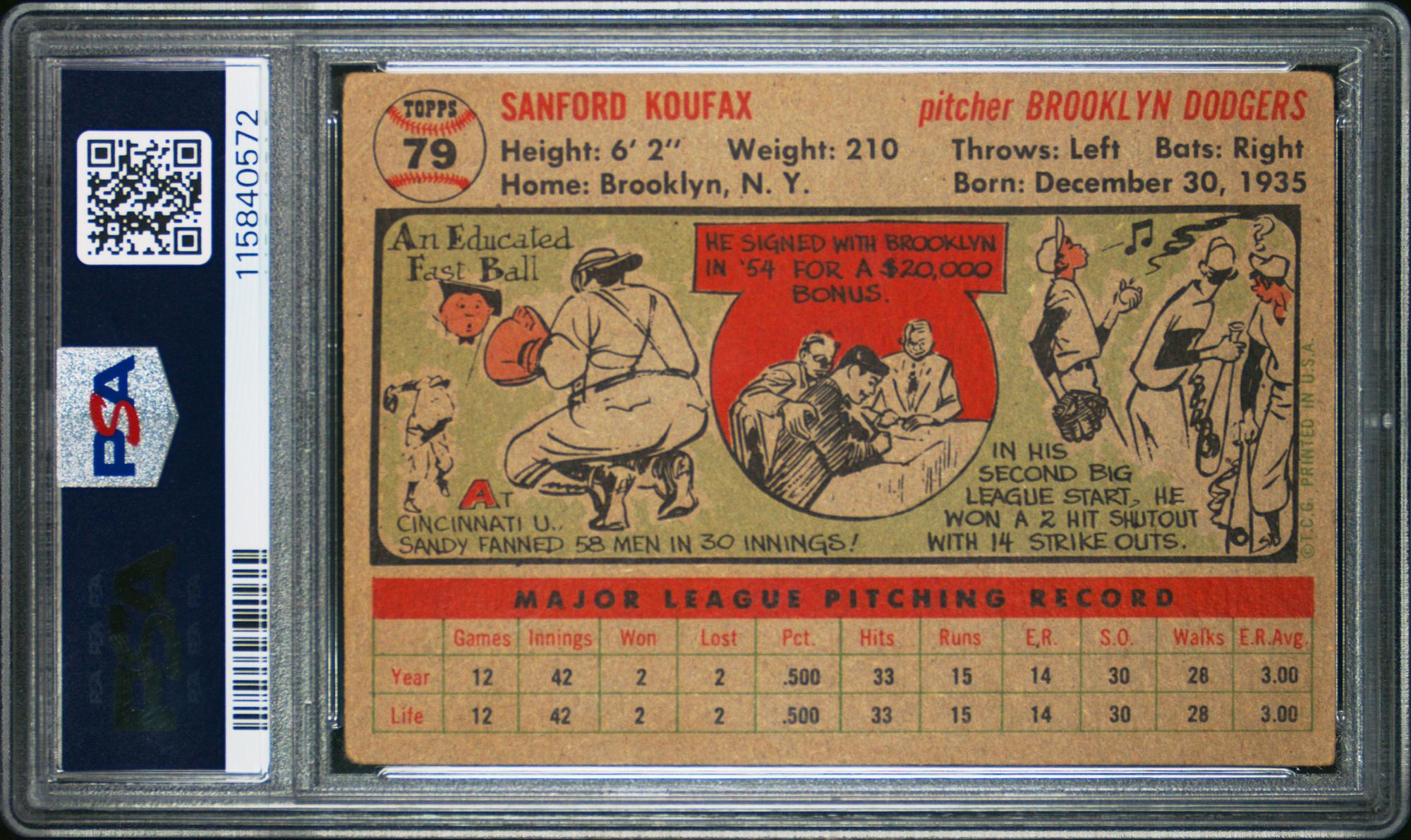 A 1956 Topps Sandy Koufax Baseball Card No. 79 - Gray Back (PSA 2 GOOD)