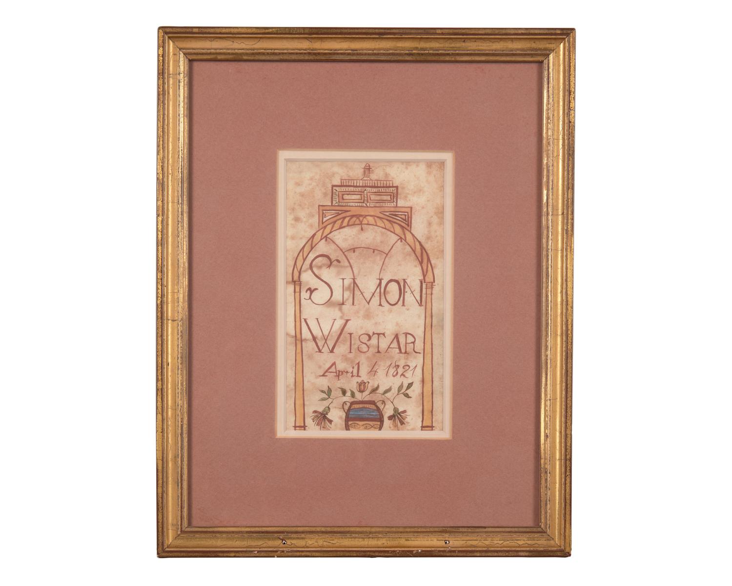 A Fraktur Bookplate Drawing for Simon Wistar, dated "April 4, 1821"