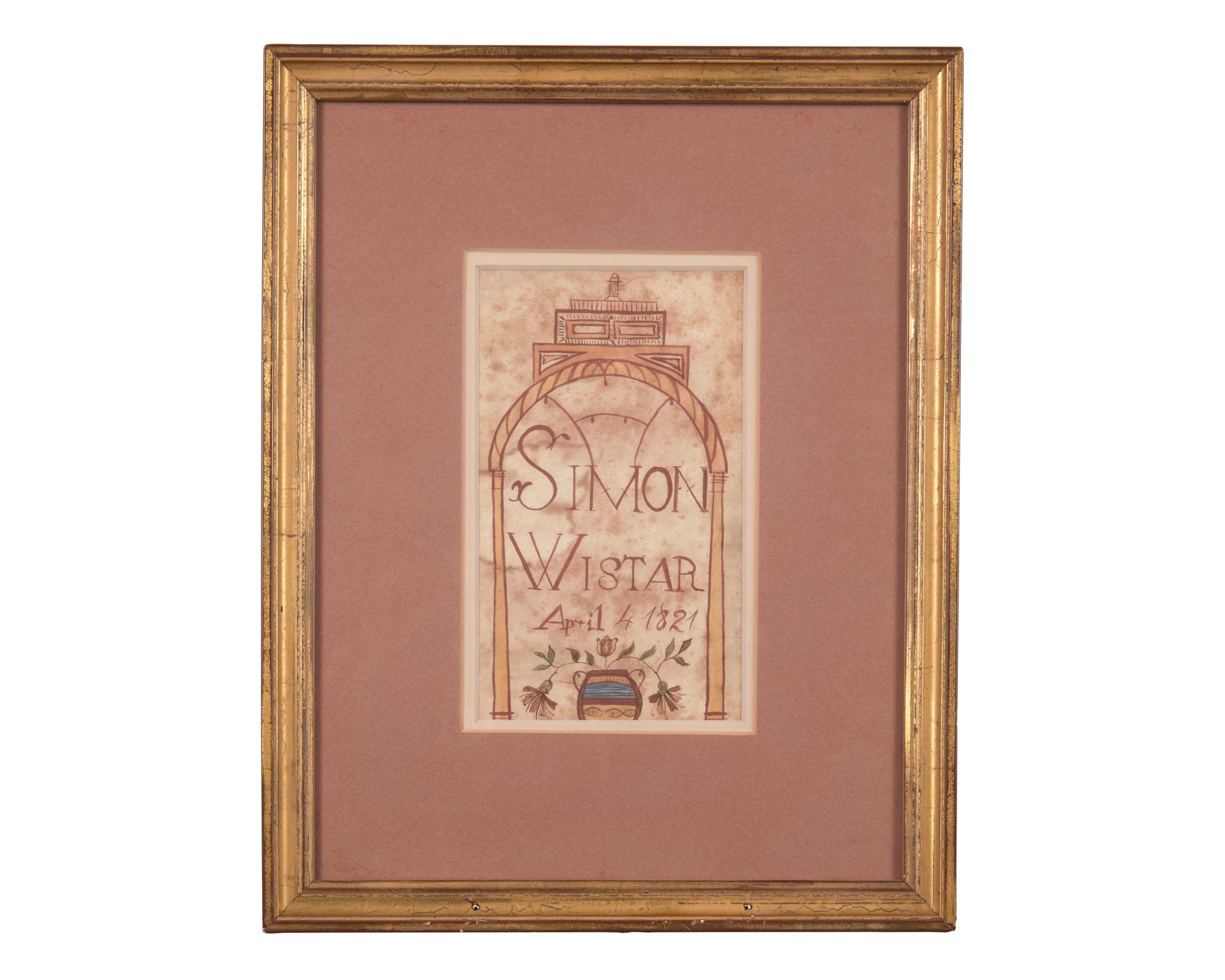A Fraktur Bookplate Drawing for Simon Wistar, dated "April 4, 1821"