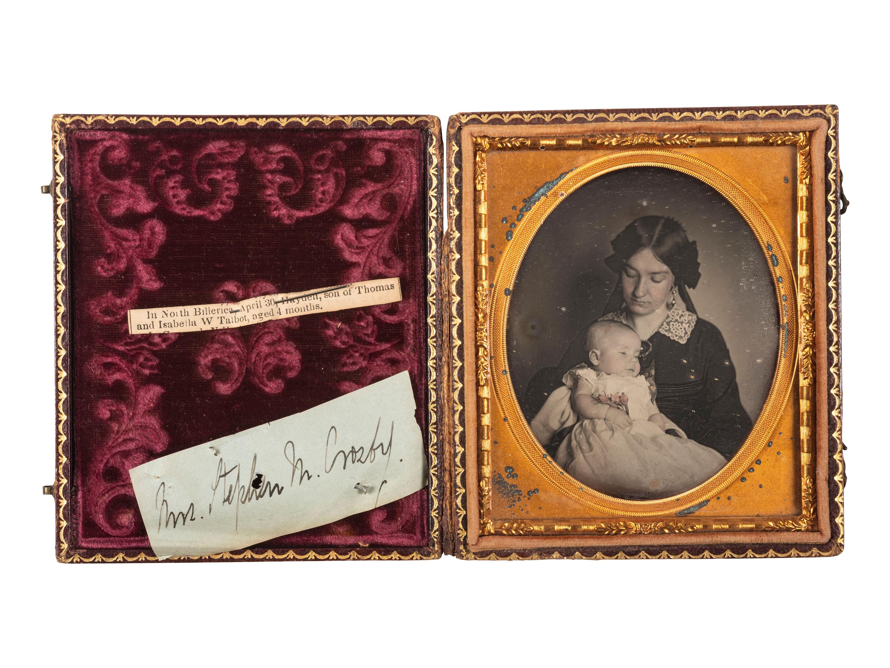 [EARLY PHOTOGRAPHY]. Sixth plate postmortem daguerreotype of a baby identified as the son of Massachusetts Governor Thomas Talbot. Ca 1857.