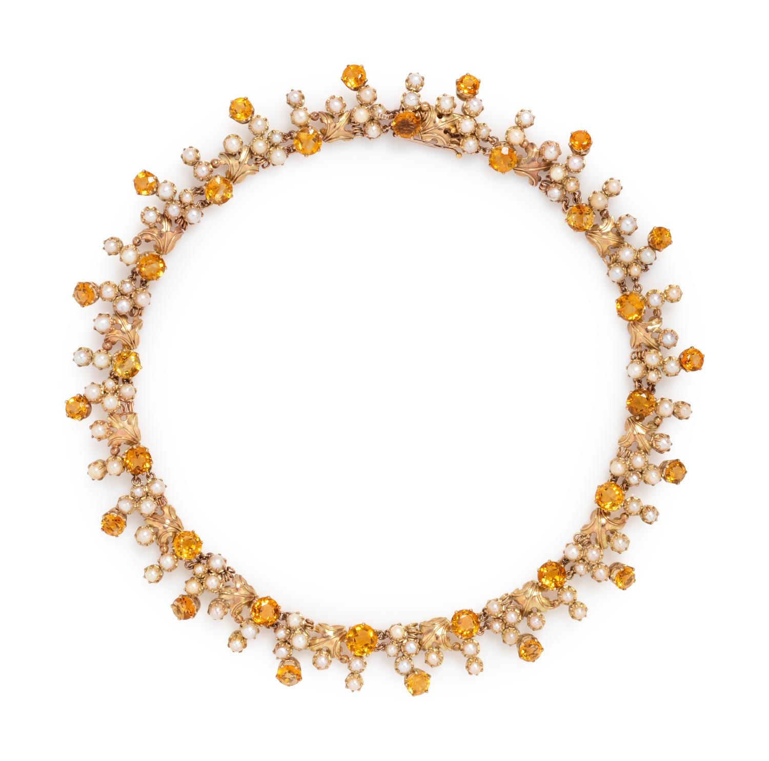 YELLOW GOLD, CITRINE AND CULTURED PEARL NECKLACE