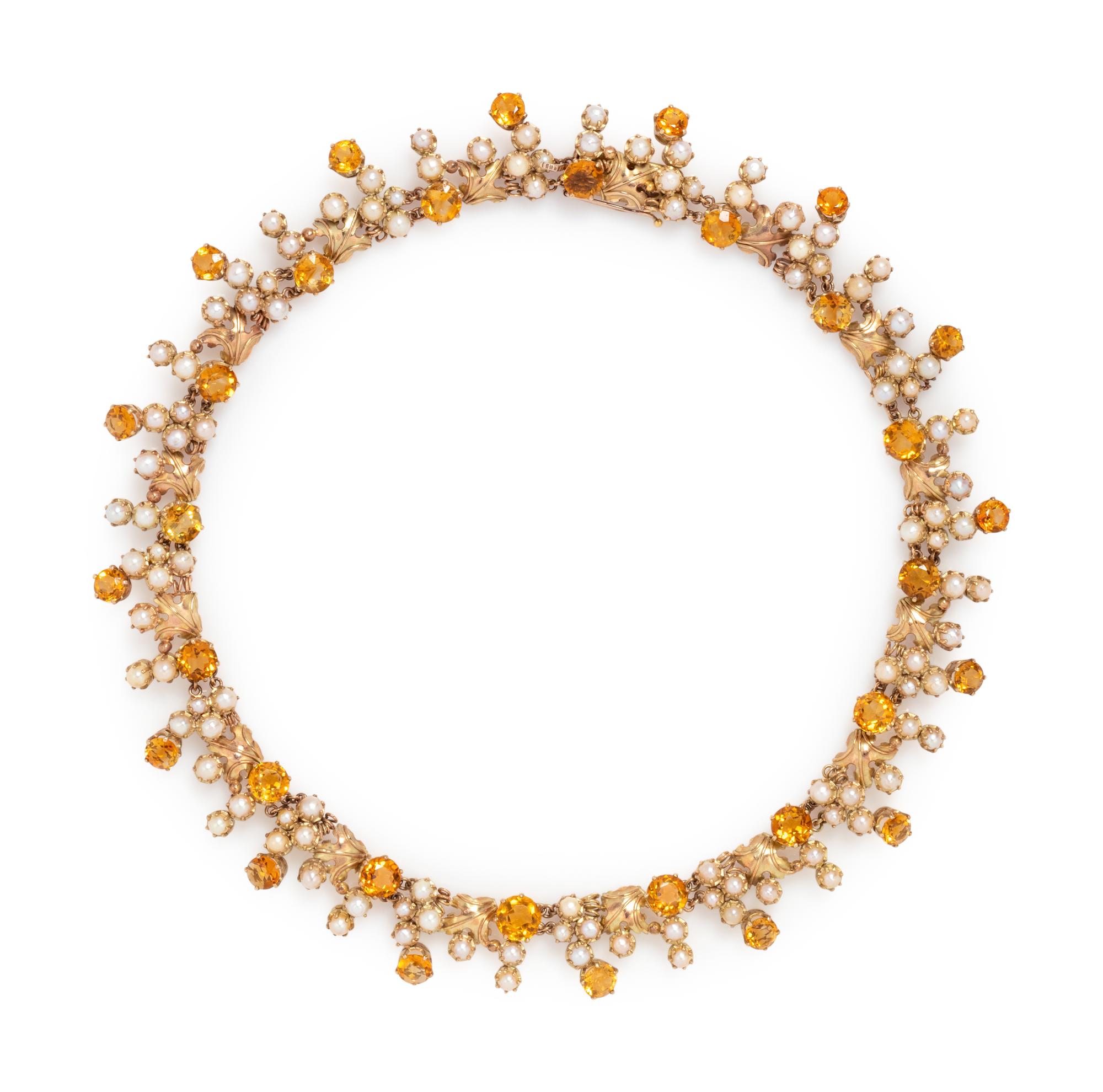 YELLOW GOLD, CITRINE AND CULTURED PEARL NECKLACE
