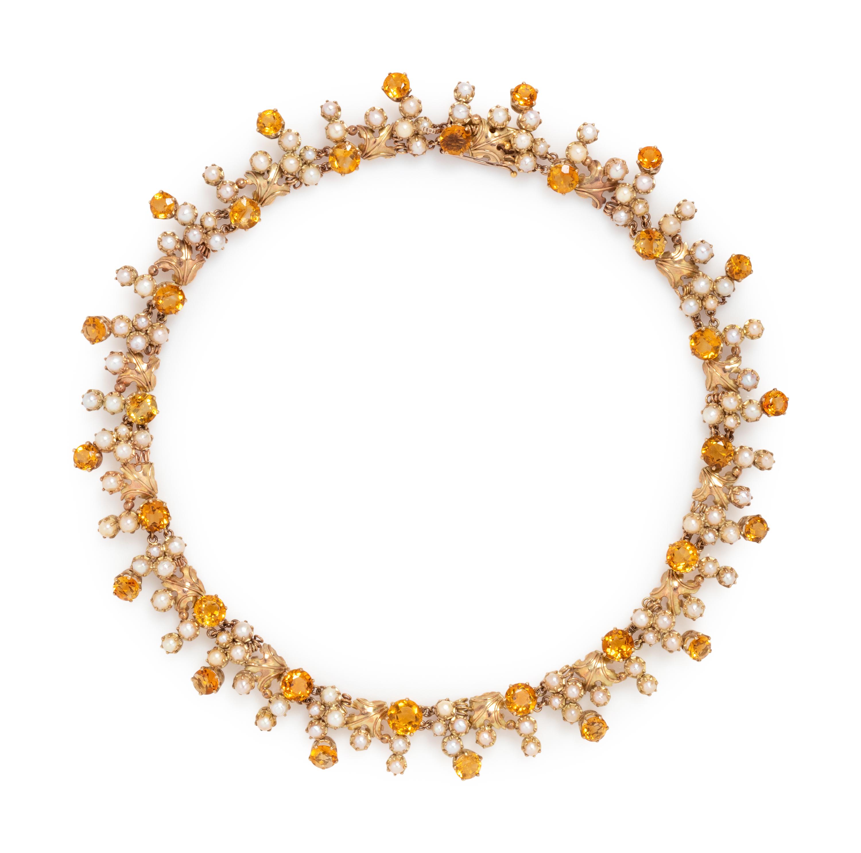 YELLOW GOLD, CITRINE AND CULTURED PEARL NECKLACE