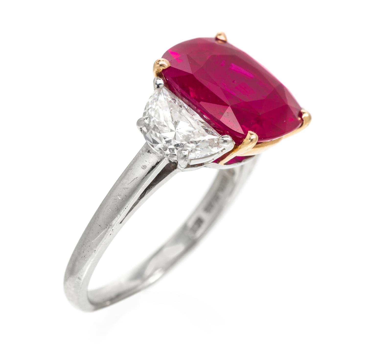 An Important Platinum, 18 Karat Yellow Gold, Burmese Ruby and Diamond Ring, Oscar Heyman Brothers, 4.40 dwts.