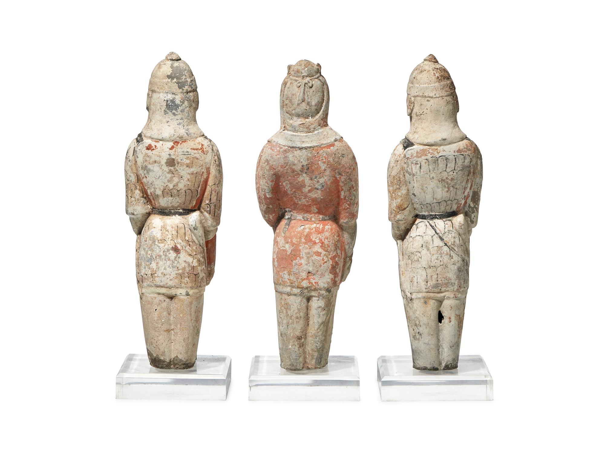 Three Chinese Painted Pottery Figures of Soldiers, Northern Qi Dynasty (550-577)