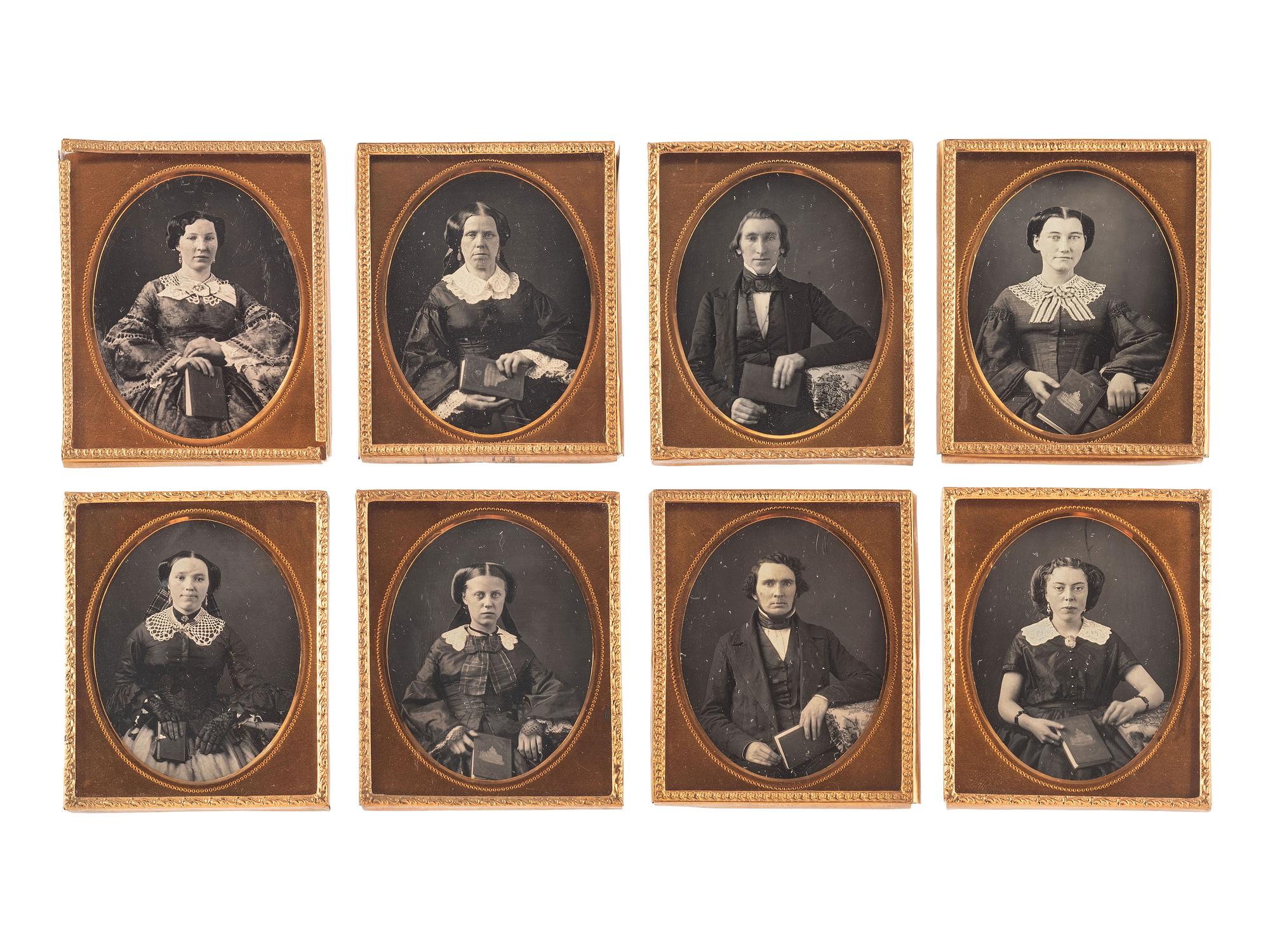 [EARLY PHOTOGRAPHY]. A group of 19 daguerreotype portraits of people with books, including: