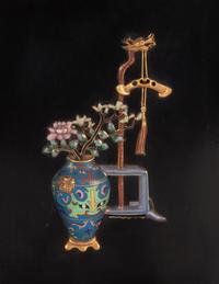 A Chinese Jade and Hardstone Inlaid Black Lacquered Five-Panel Floor Screen