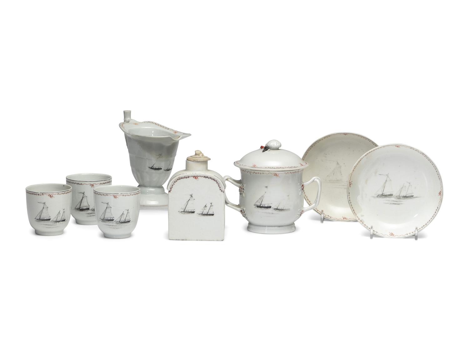 A Chinese Export Porcelain Nine-Piece Grisaille Tea Service