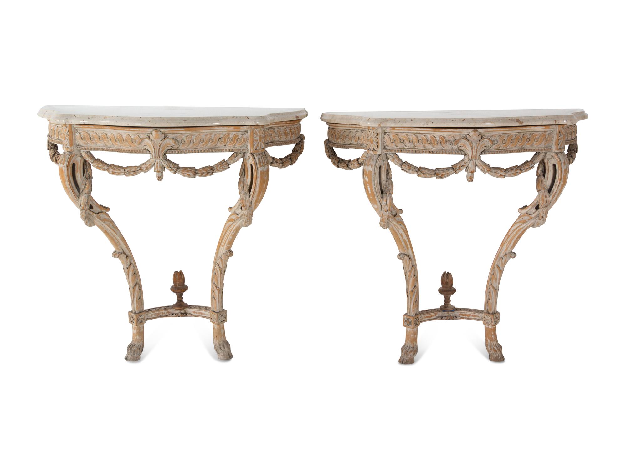 A Pair of Louis XVI Style Painted Marble-Top Console Tables