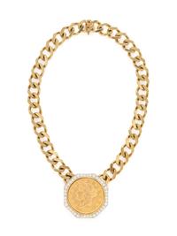 YELLOW GOLD, DIAMOND, AND COIN PENDANT NECKLACE