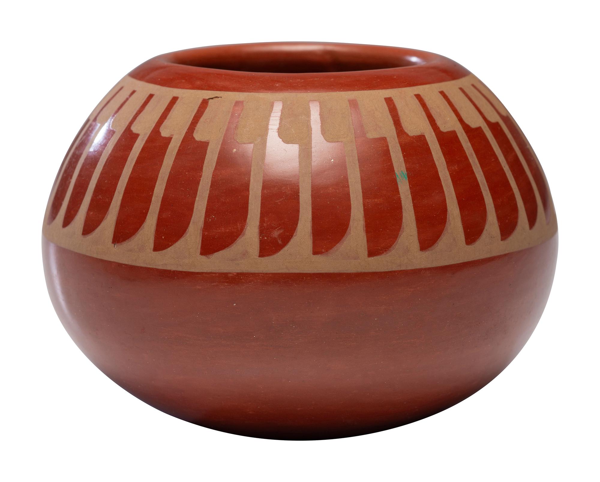 Redware Pottery Jar, Repeating Feather Design February 1971