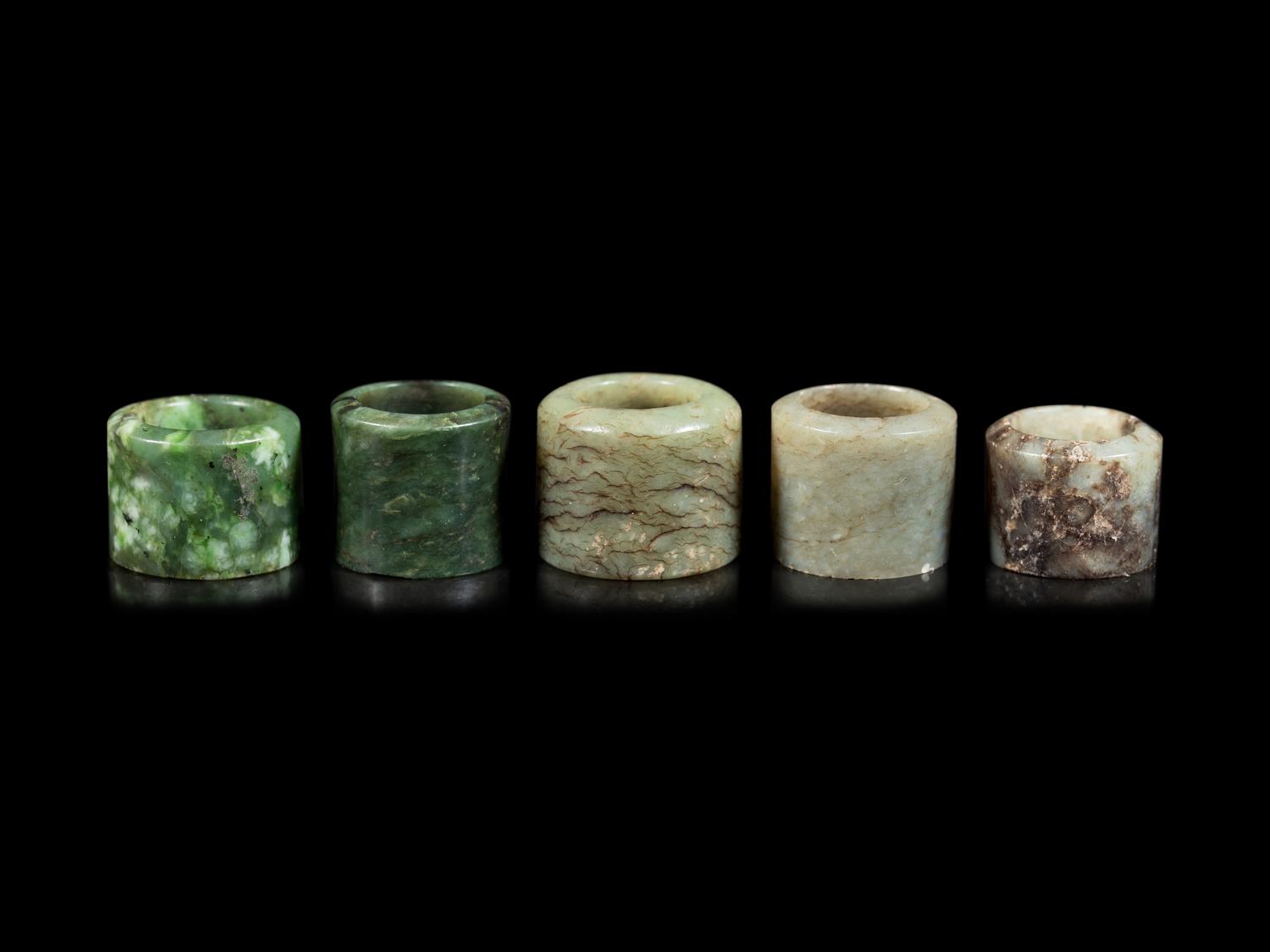 Five Chinese Grey Jade Archer's Rings