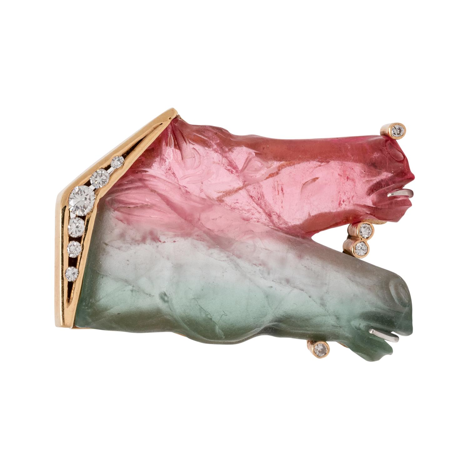 BICOLOR TOURMALINE AND DIAMOND HORSE HEAD BROOCH
