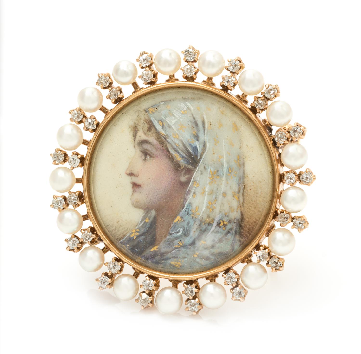 A Yellow Gold, Pearl and Diamond Portrait Miniature Brooch, 6.60 dwts.