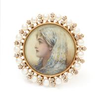 A Yellow Gold, Pearl and Diamond Portrait Miniature Brooch, 6.60 dwts.