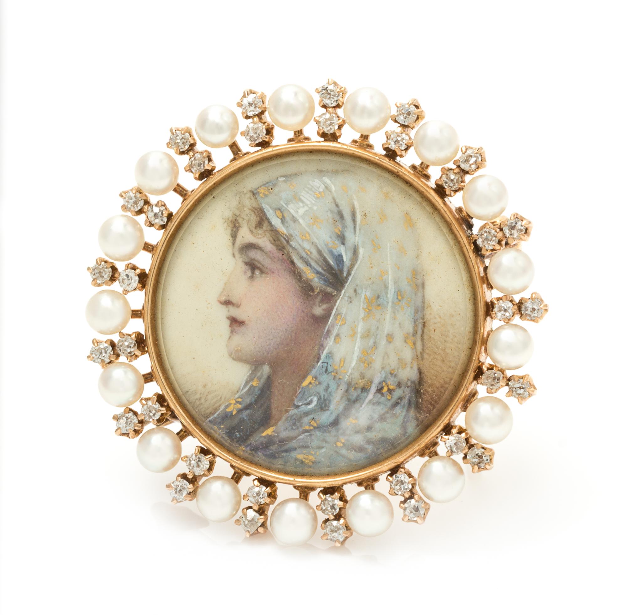 A Yellow Gold, Pearl and Diamond Portrait Miniature Brooch, 6.60 dwts.
