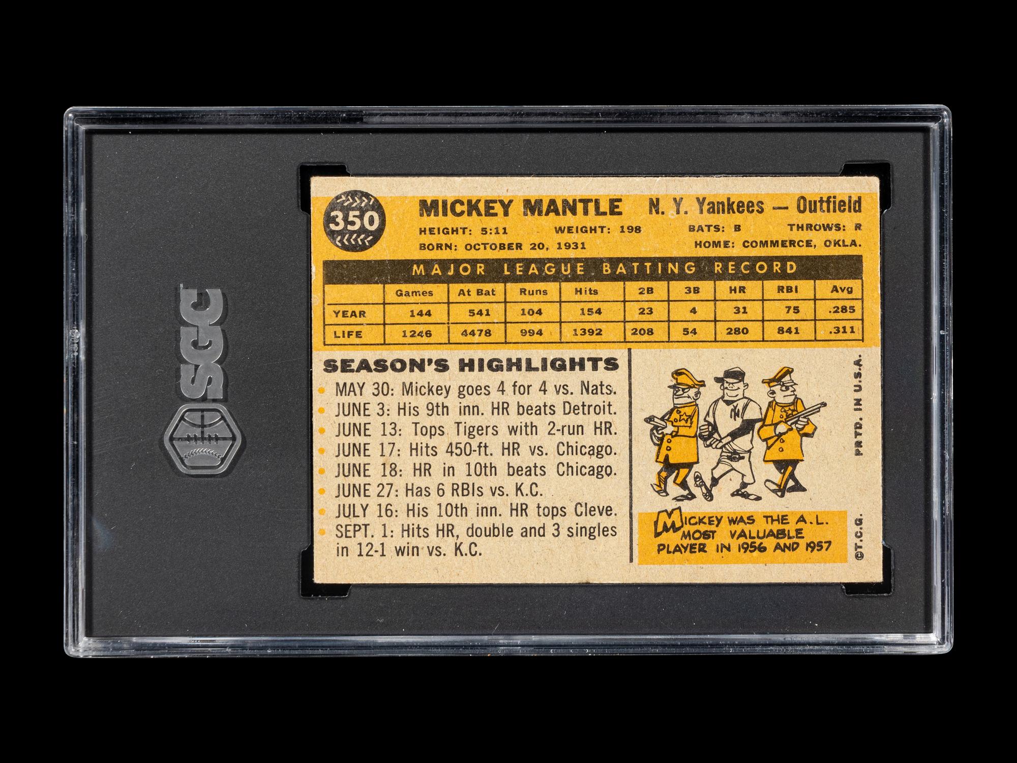 A 1960 Topps Mickey Mantle Baseball Card No. 350 (SGC 4 VG/EX)